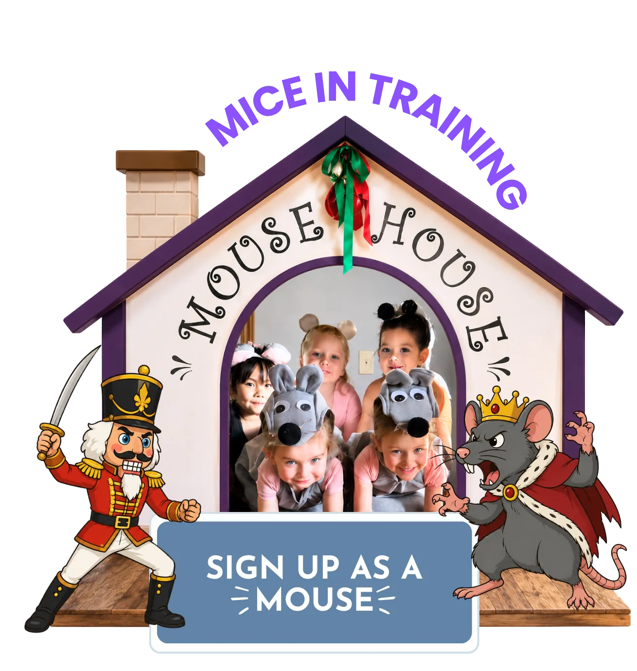 Mice in Training invitation featuring young Nutcracker dancers in mouse costumes