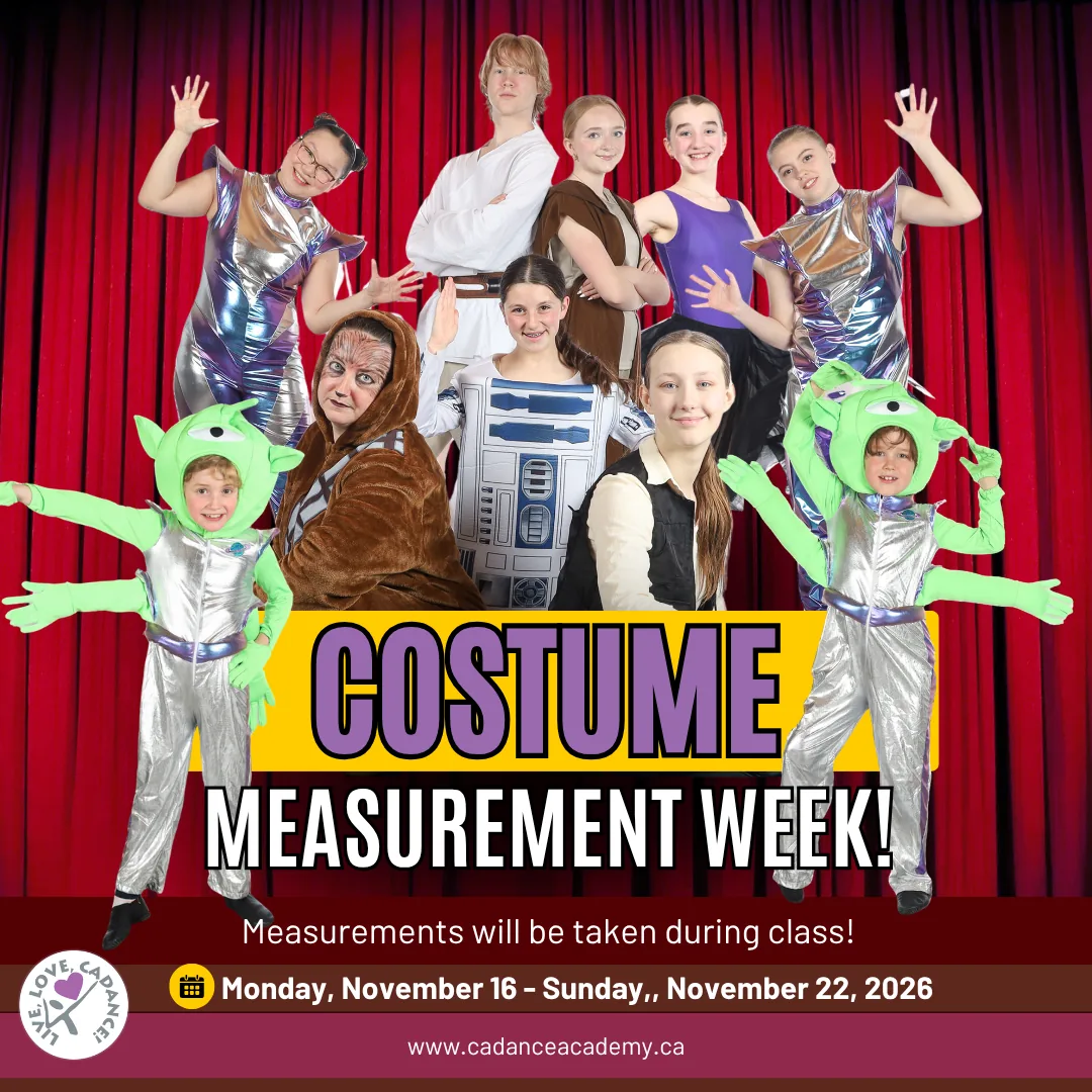 Costumed Cadance dancers announcing Costume Measurement Week, November 16 to 22