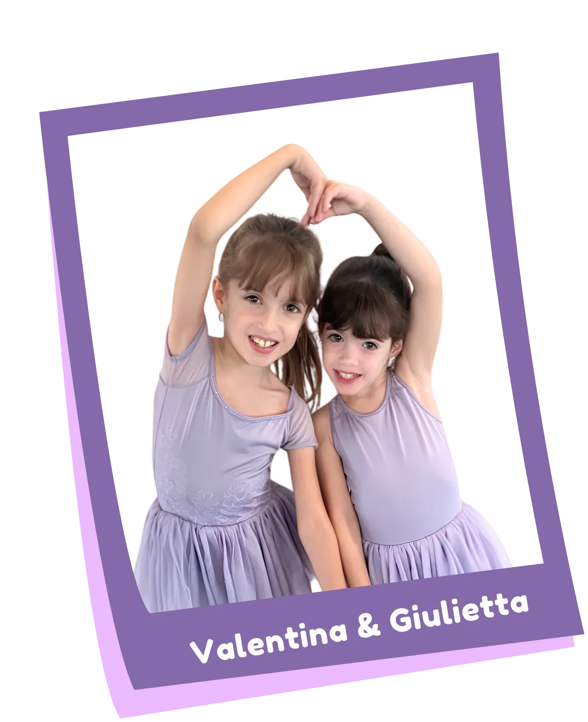 Dancing sisters Valentina and Giulietta posing together in ballet clothes